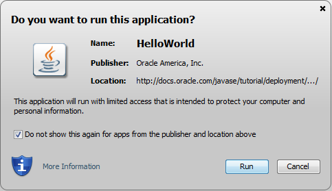 Screen shot of the security dialog shown for an RIA that runs in the security sandbox and is signed with a certificate from a trusted certificate authority.