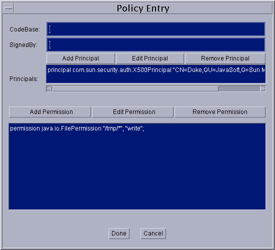 Policy Entry dialog showing the X500Principal and the file permission